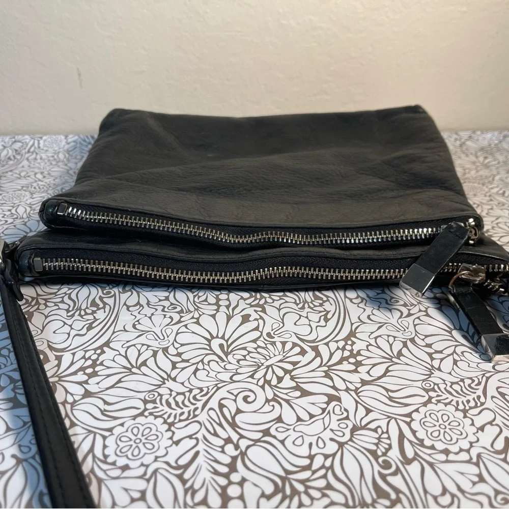 MARGOT Leather Two Zipper Crossbody Shoulder Bag In black leather